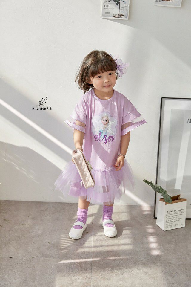 韓國 kikimora - 寬袖Elsa魚尾網紗洋裝-粉紫