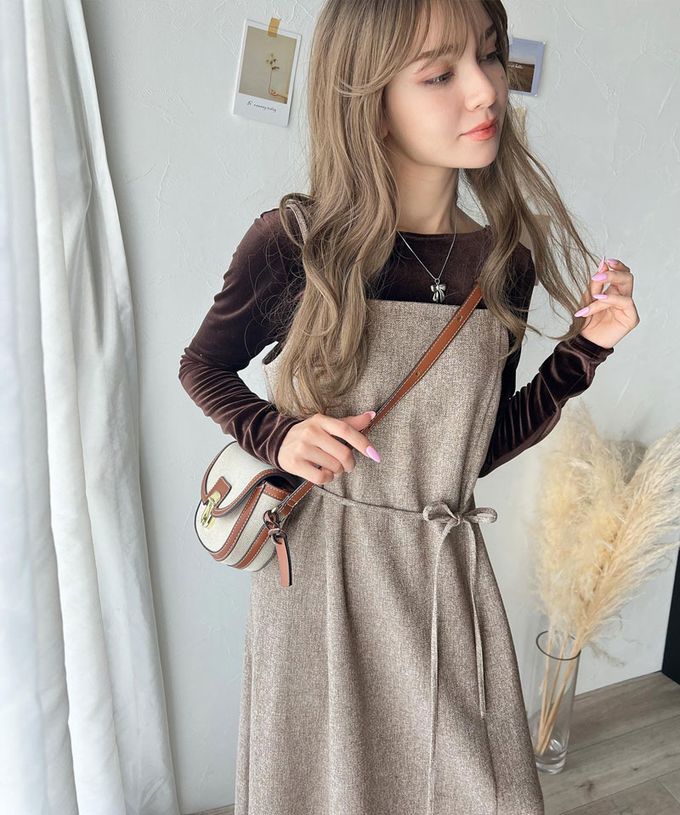 日本 Classical Elf - 秋冬感百搭花呢細肩帶傘狀洋裝-奶茶灰