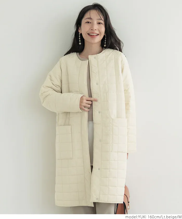 日本 COCA - 格紋絎縫無領長版鋪棉外套-黑