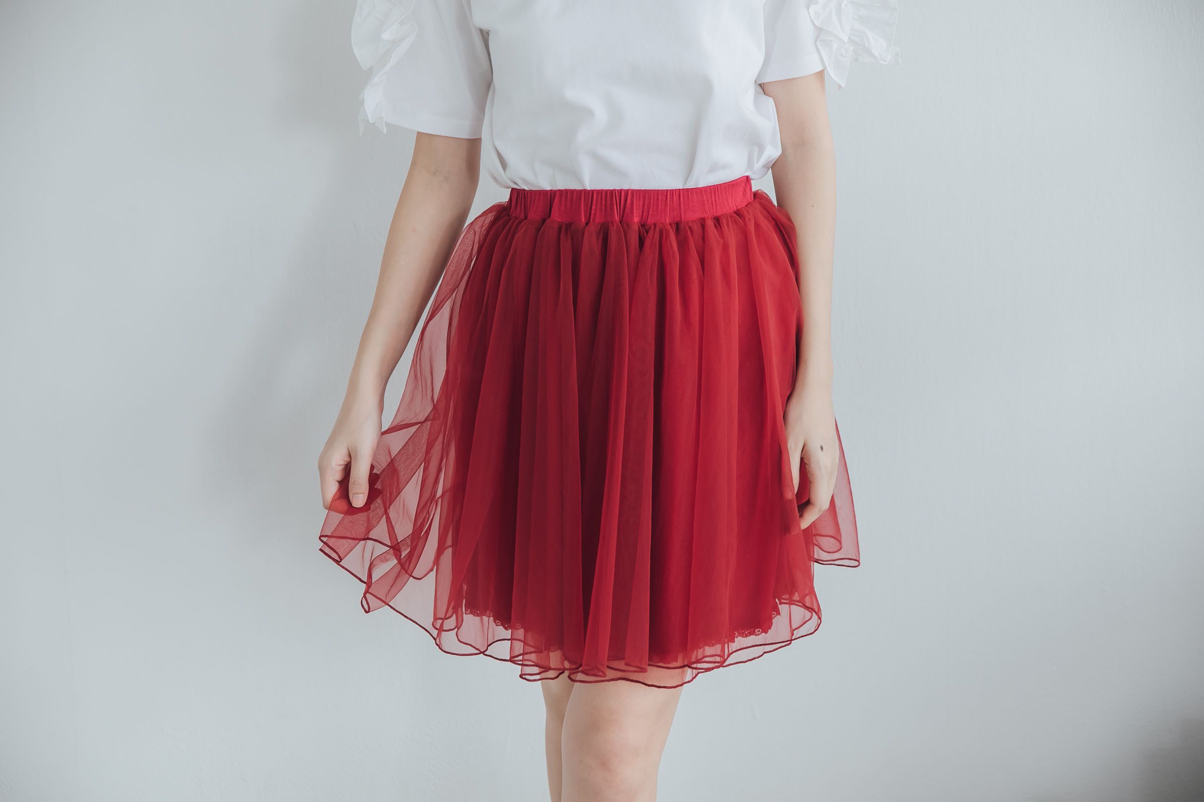 Peachy - 獨家訂製綿柔空氣紗裙-短裙款-性感酒紅 (F)