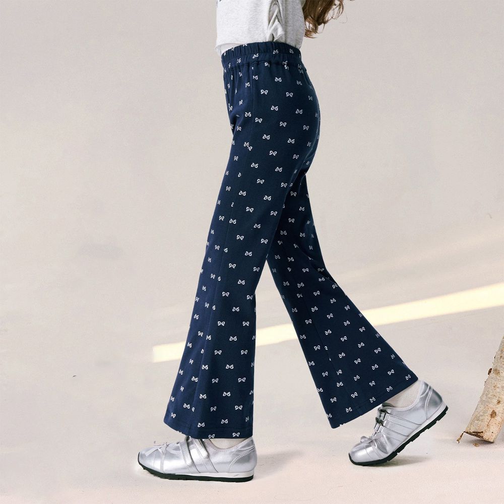 高彈舒適喇叭褲-蝴蝶結-藏青