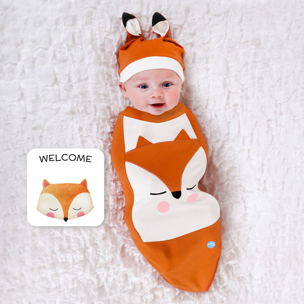 BABYjoe - 美國製純棉手工新生彌月包巾套組-瞇瞇眼狐狸寶寶-橘色 (適合0-4個月或7公斤以下新生寶寶)-150g