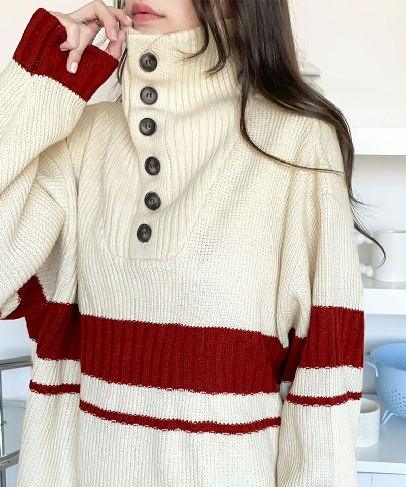 日本 Classical Elf - 排釦翻領撞色羅紋針織上衣-淺米x咖啡