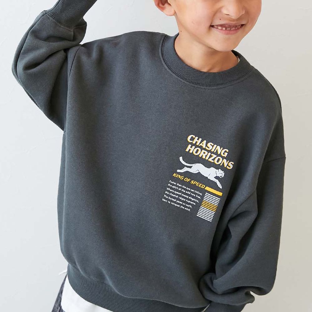 熱銷定番 裏起毛落肩大學長袖上衣-獵豹-灰黑