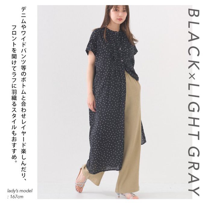 日本 OMNES - 100%印度棉 襯衫式印花短袖洋裝-黑底滿版花