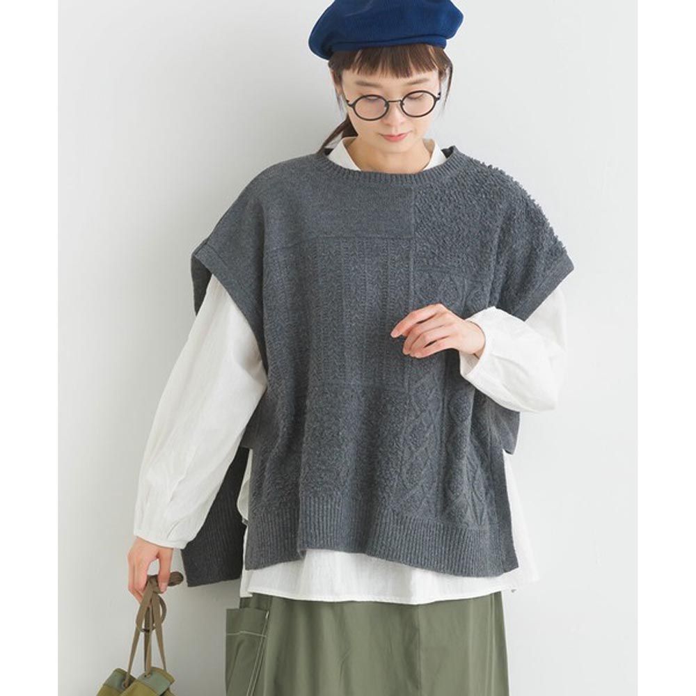 日本女裝代購 - 圓領編織紋拼接針織背心-深灰
