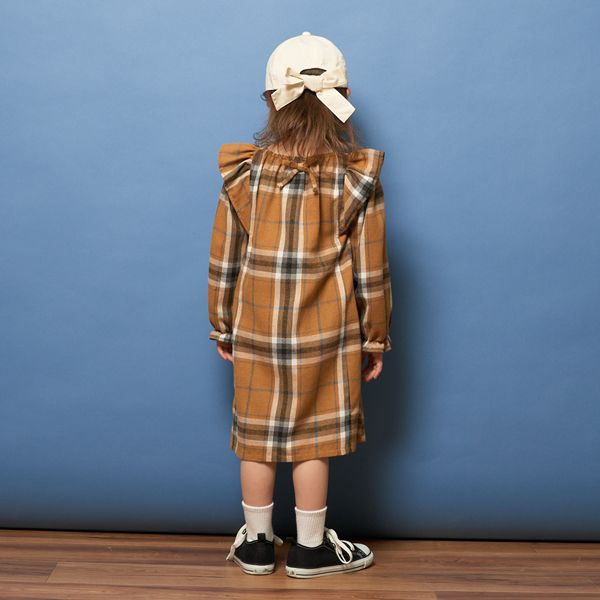 日本 Lycee mine - 法蘭絨浪漫細節長袖洋裝-卡其格紋