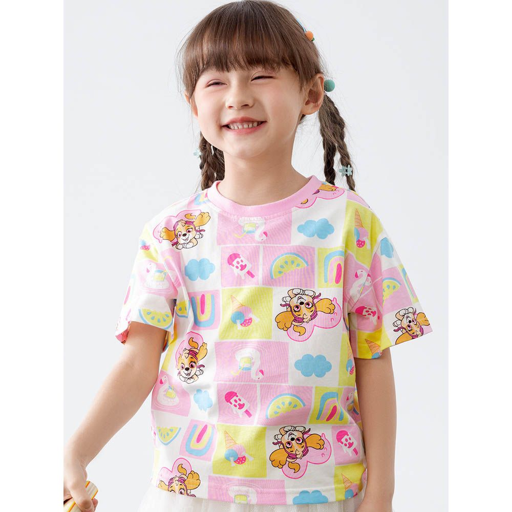 卡通汪汪隊純棉滿版印花圓領短袖上衣-卡通人物天天-粉色