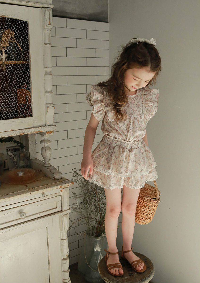 韓國 PuellaFLO - 雙層荷葉袖碎花上衣-粉紅花