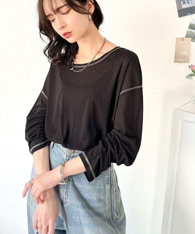 日本 Classical Elf - 透膚感配色線條薄長袖上衣-膚