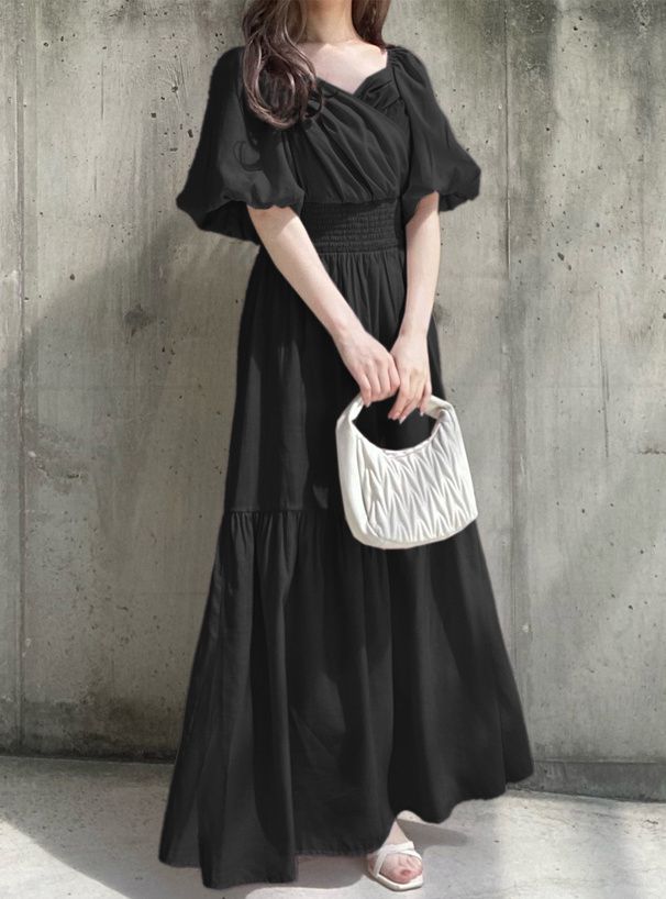 日本 GRL - 浪漫圓舞曲泡泡袖雪紡洋裝-高原綠