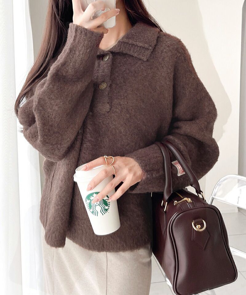 日本 Classical Elf - 毛茸茸排扣翻領寬鬆毛衣-深灰