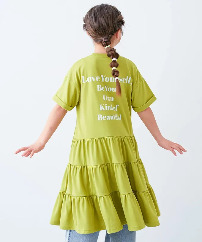 日本 devirock - 天竺棉舒適分層短袖洋裝-背後標語-粉紅