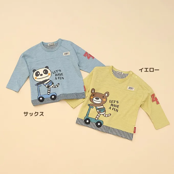 日本 ZOOLAND - 春季拼接風長袖上衣-滑板車小熊-黃