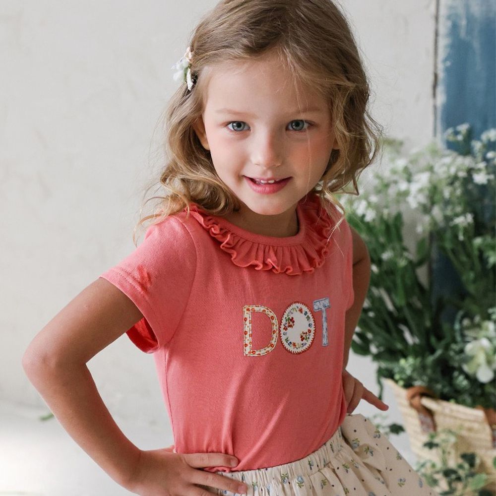 Puellaflo DOT小花印荷葉領純棉短袖上衣-珊瑚紅