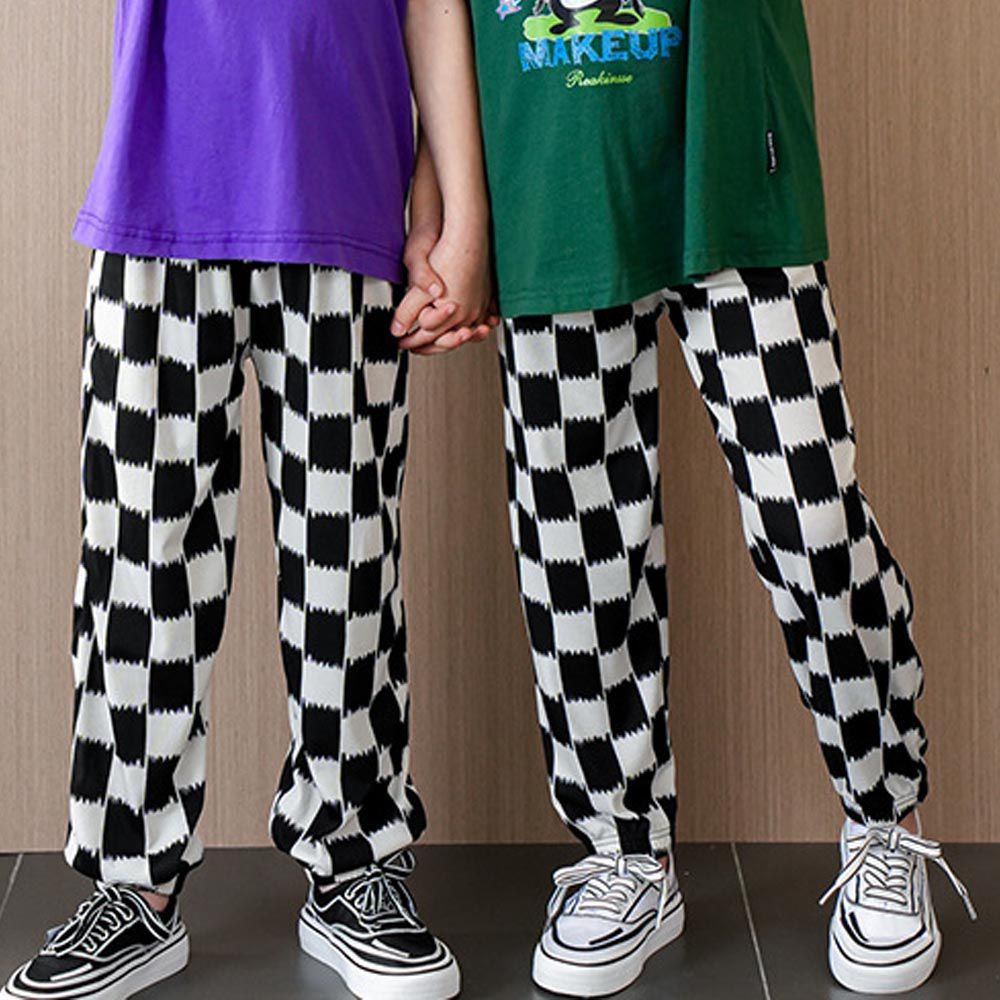 涼感透氣百搭防蚊褲/空調褲-大大格紋-黑+白-團購專案
