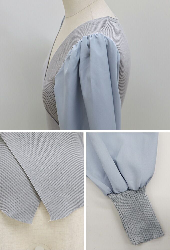 日本 BLUE EAST - V領羅紋拼接泡泡長袖上衣-藍灰