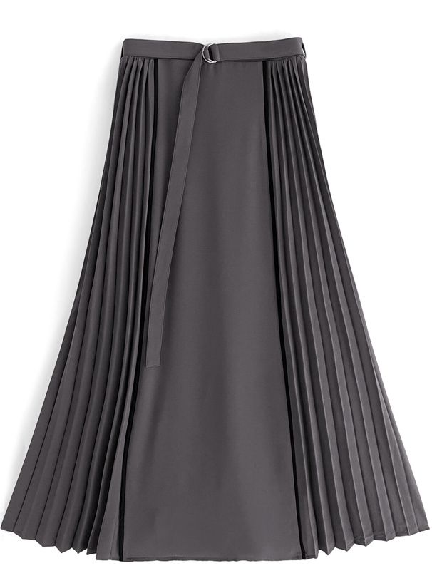 日本 GRL - 側面細百摺釦環搖曳長裙-灰