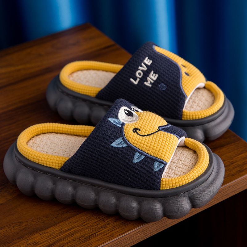 兒童室內厚底雅麻拖鞋-大眼睛恐龍-橘色