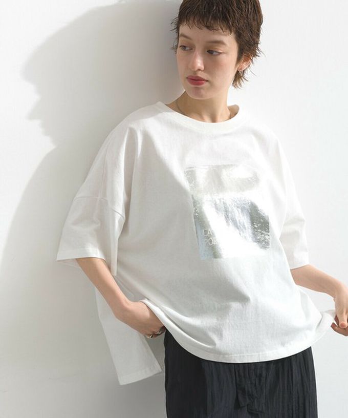 日本 le colis - 接觸冷感 金銀箔方塊印花T恤-白