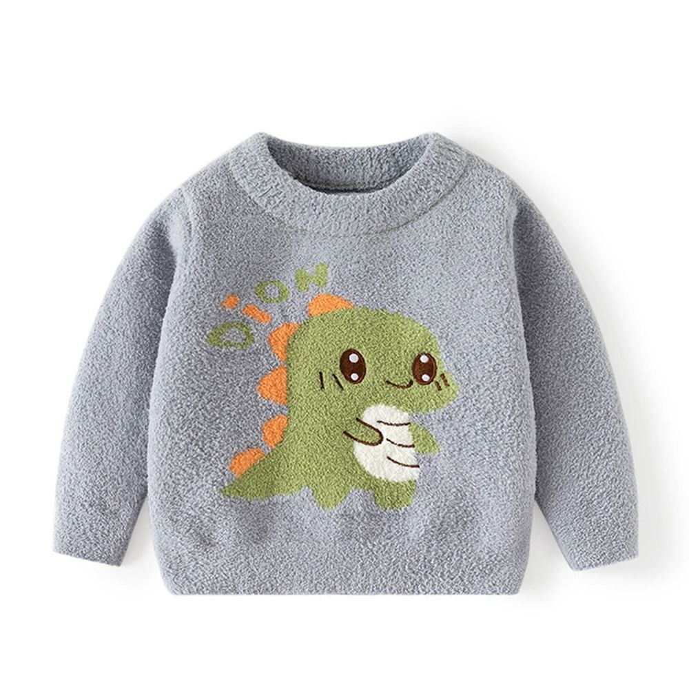 珊瑚絨針織長袖上衣-可愛恐龍-灰色