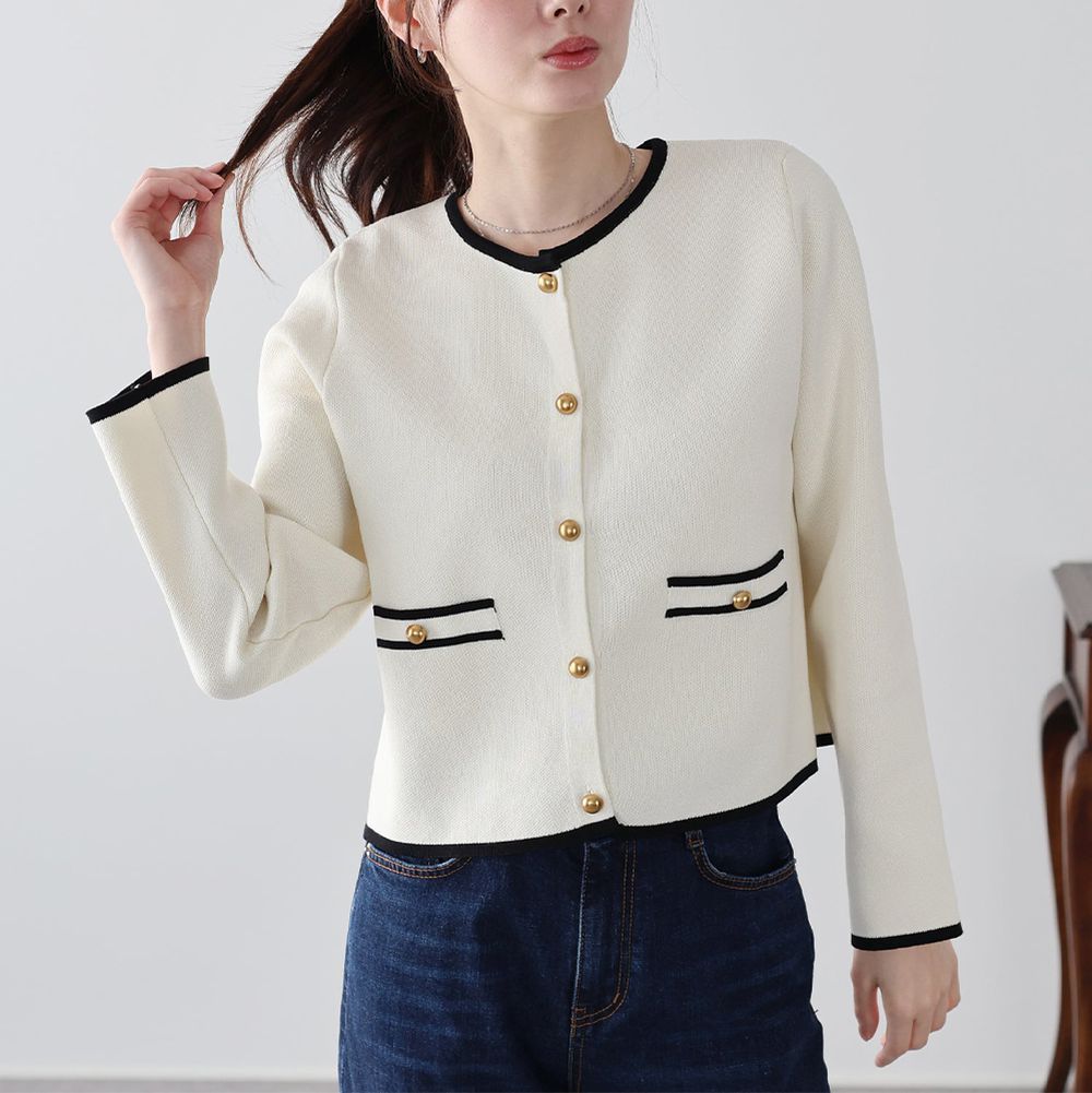 法式氣質金扣雙色滾邊開襟衫-象牙白 (M)