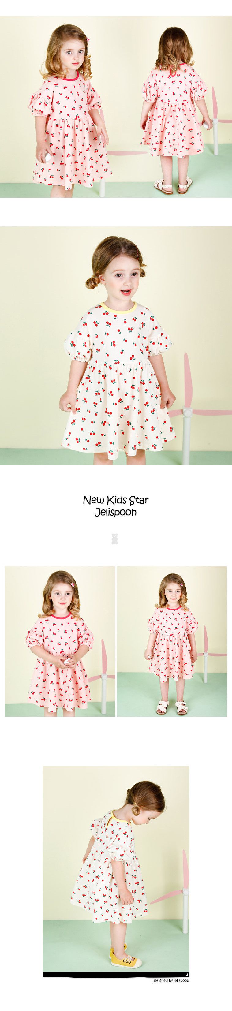 韓國 Jelispoon - 滿版櫻桃泡泡袖洋裝-象牙白