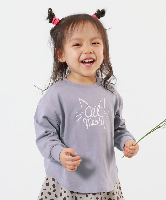 日本 devirock - 100%棉 女孩印花長袖上衣-貓咪線條-紫羅蘭