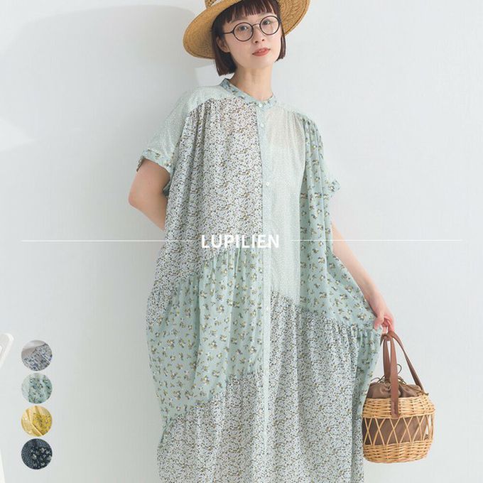 日本 Lupilien - 純棉巴里紗花朵拼布襯衫式洋裝-黃