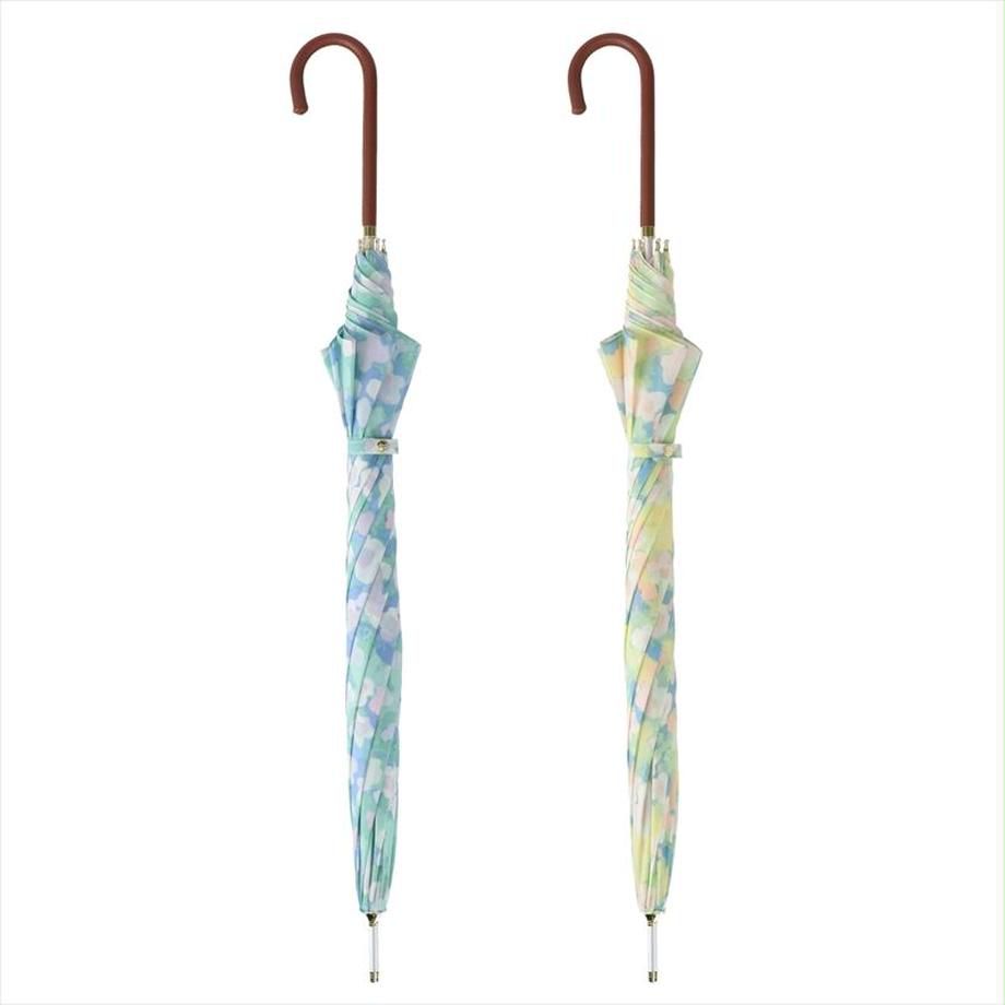 日本 nifty colors - 抗UV輕量 晴雨兩用J型手把直傘-春日綻放-藍綠 (直徑90cm/244g)