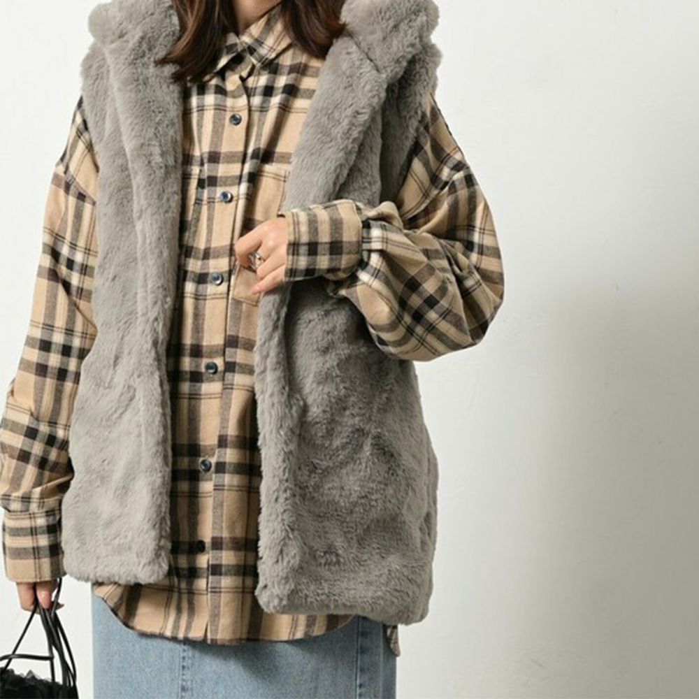 柔軟蓬鬆仿毛長版連帽背心(有口袋)-摩卡灰