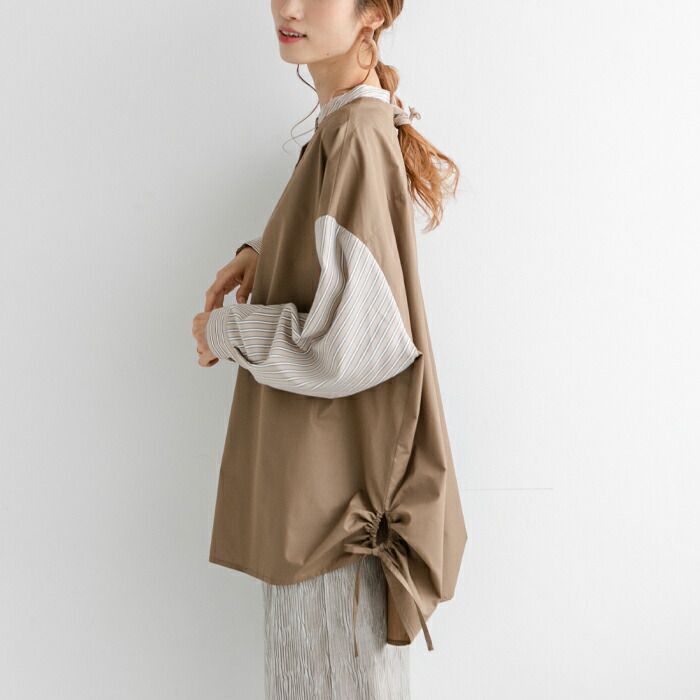 日本 ihuu - 側抽繩條紋撞色長袖襯衫-奶茶