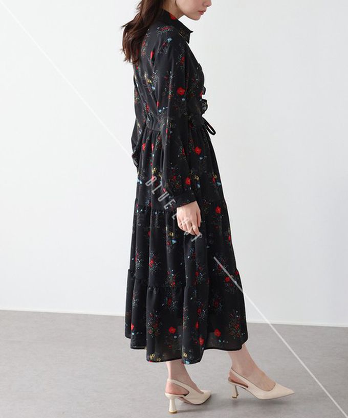 日本 BLUE EAST - 荷葉邊領唯美花卉長袖洋裝(腰抽繩)-米杏