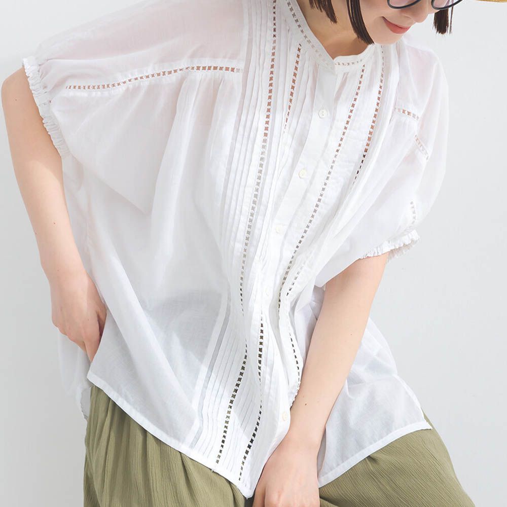100%棉 細緻緹花小澎袖襯衫上衣-白