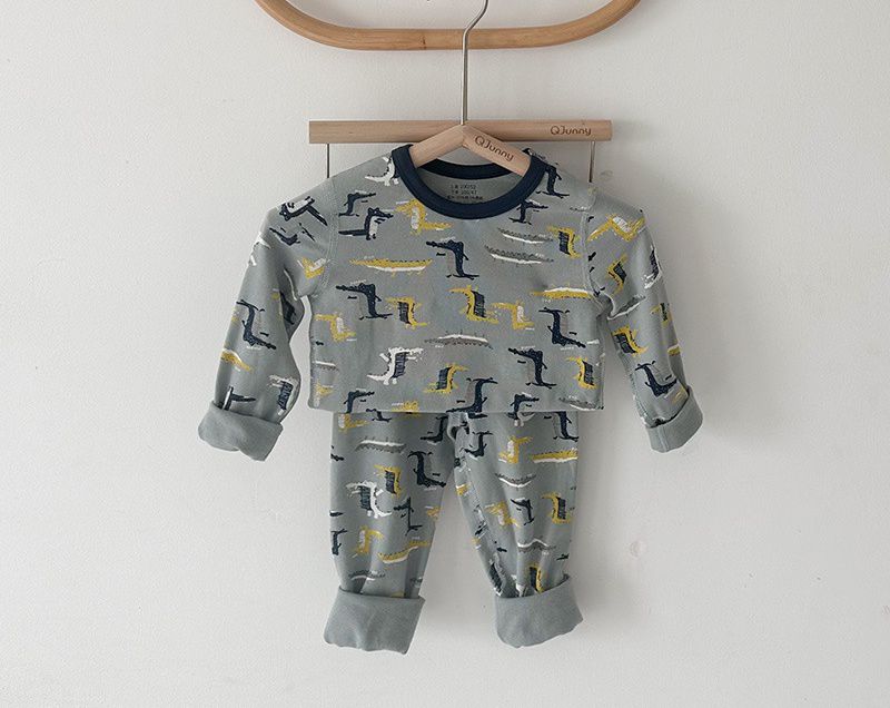 棉質圓領長袖家居服套裝-鱷魚-灰色