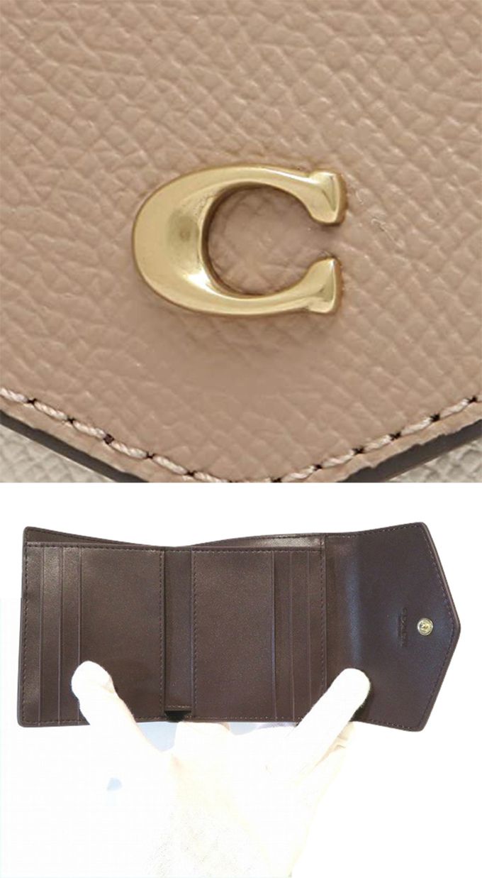 COACH - 撞色皮革翻蓋短夾 (米白)