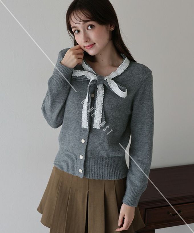 日本 BLUE EAST - 少女爛漫蕾絲蝴蝶結開襟衫-灰