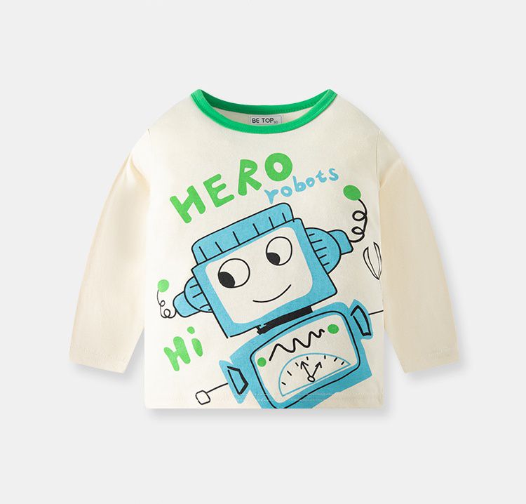 純棉圓領長袖上衣-機器人英雄-杏+綠