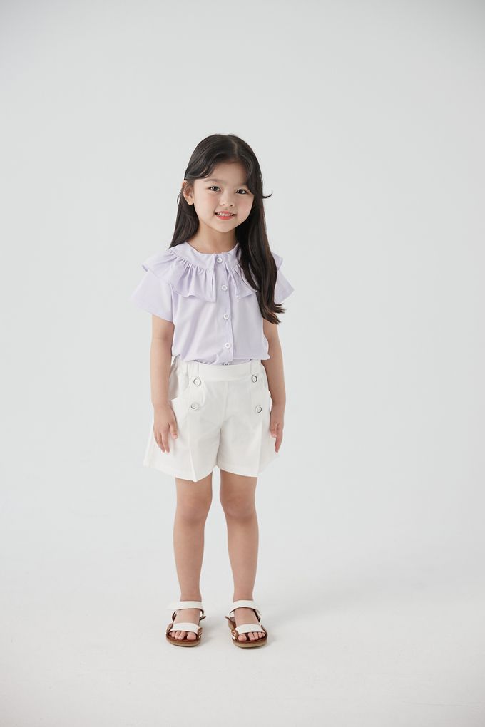 韓國 Coco Bang - 鬆緊腰裝飾釦抓褶短褲-深藍