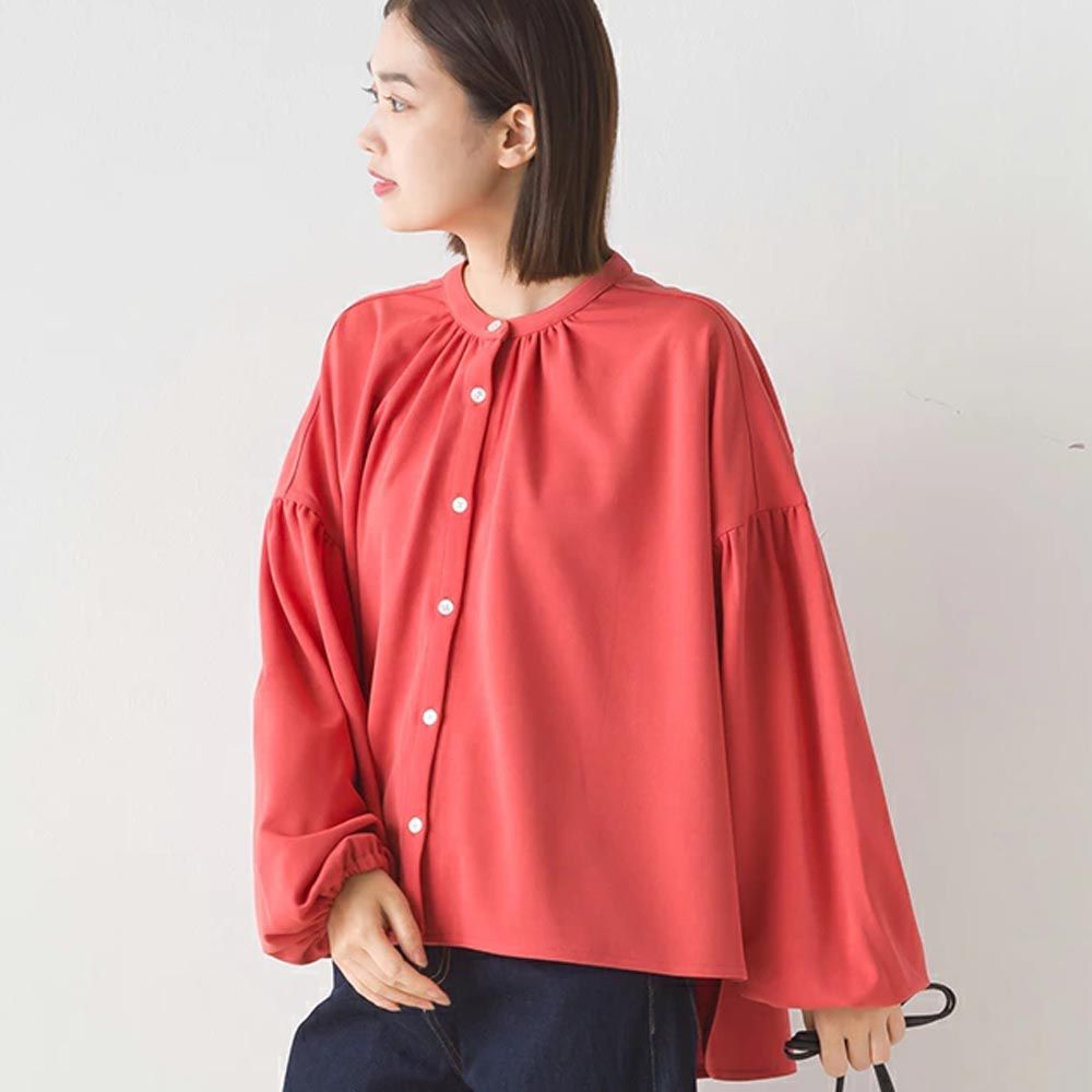 日本 OMNES - 梨地質感細緻雪紡長袖襯衫-橘紅