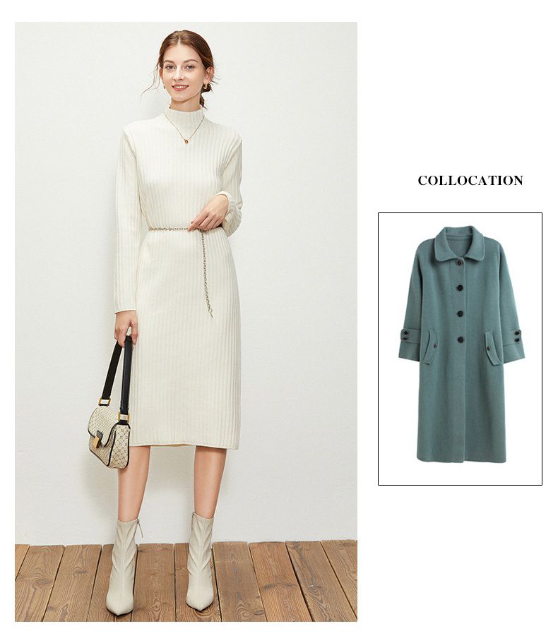 金屬腰帶針織長袖連身裙-黑色