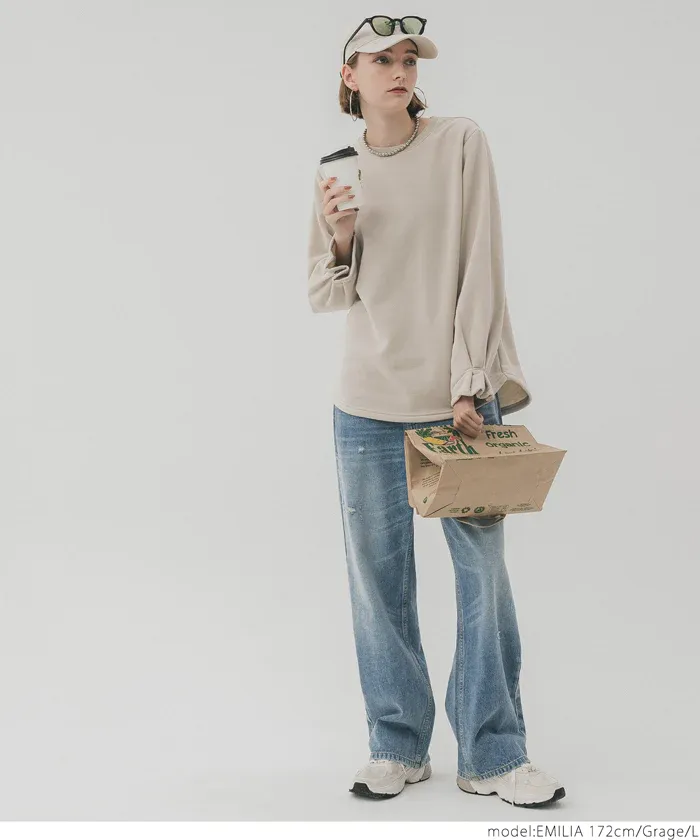 日本 COCA - 裏起毛甜美糖果袖長袖上衣-淺棕