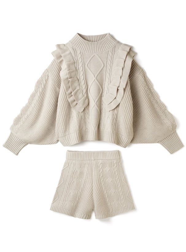 日本 GRL - 浪漫層次荷葉邊針織毛衣X針織短褲兩件組-摩卡