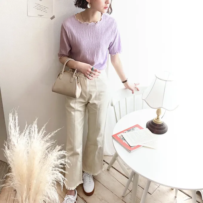 日本 Classical Elf - 氣質紋理木耳邊短袖上衣-粉紅