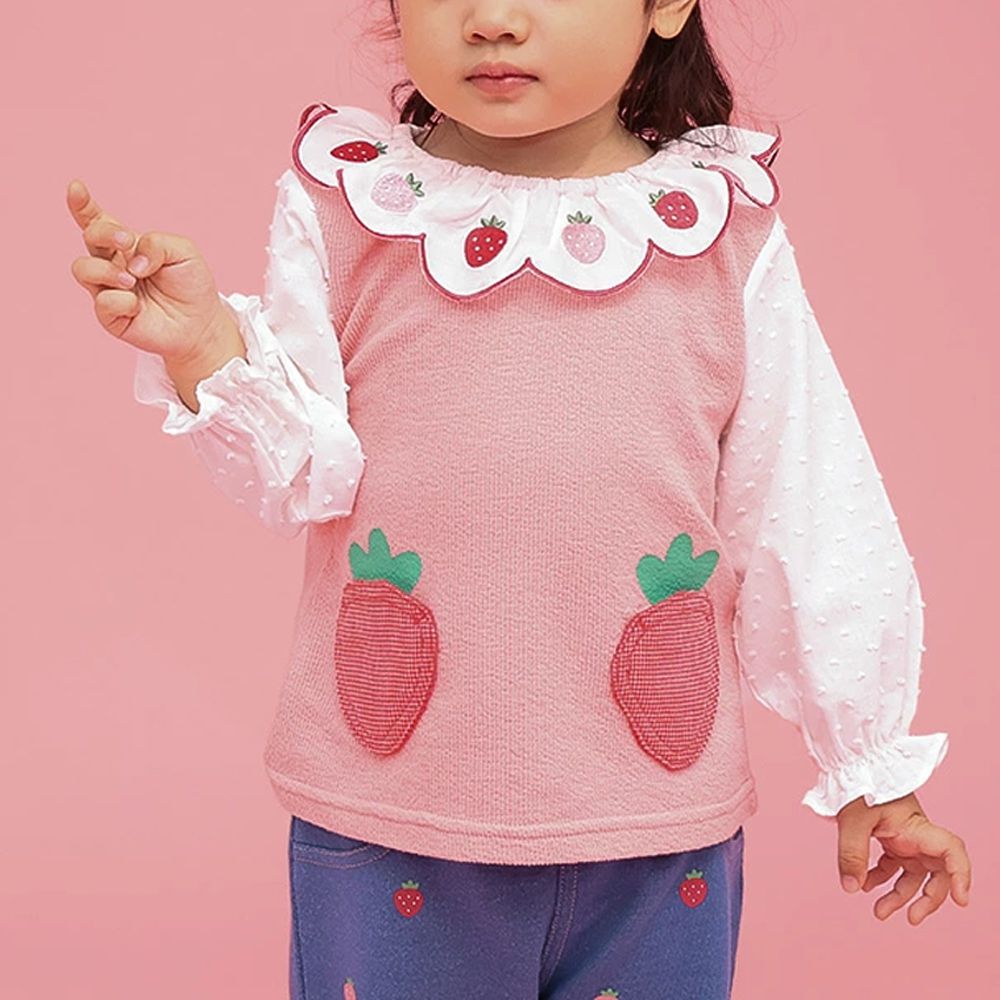 水果樂園 甜心草莓荷葉領長袖上衣-粉紅