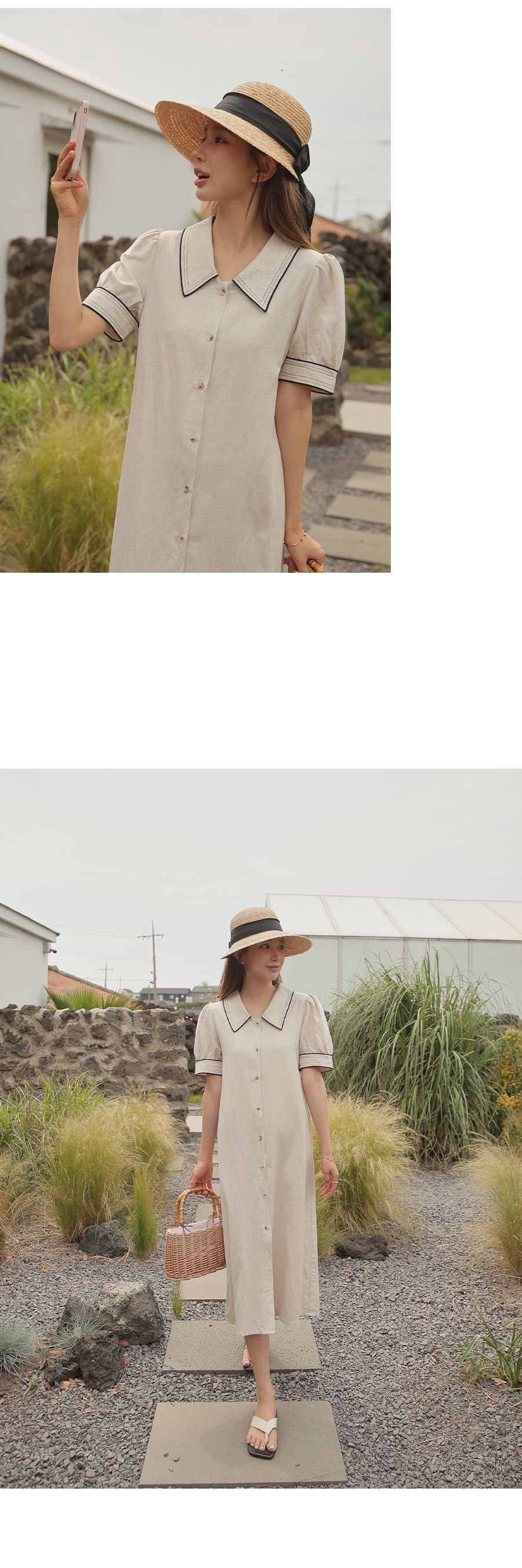 韓國 Urbantheroom - 婉約翻領棉麻連身洋裝-深藍黑 (Free)