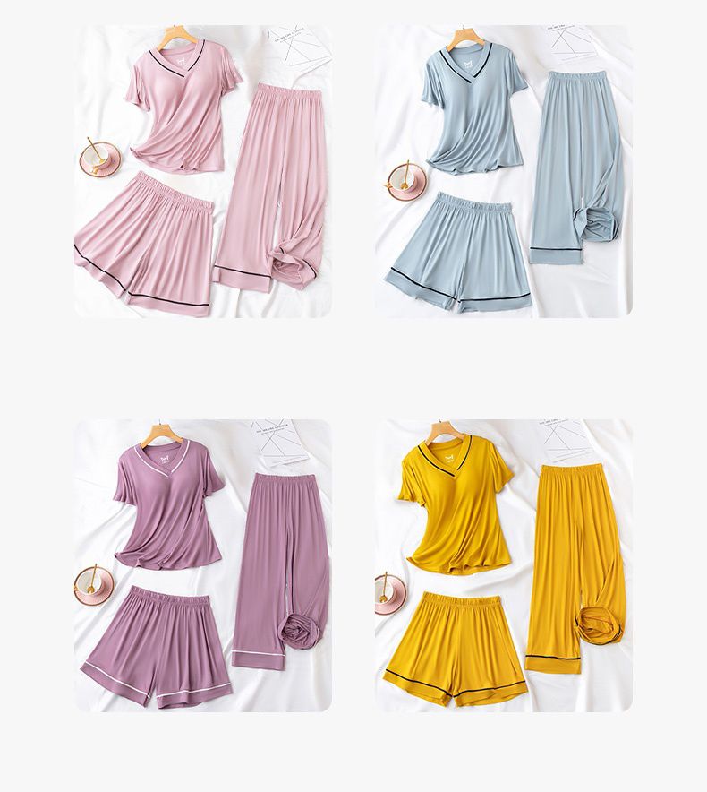 V領莫代爾Bra T短袖家居服套裝-短袖+短褲-紫粉色