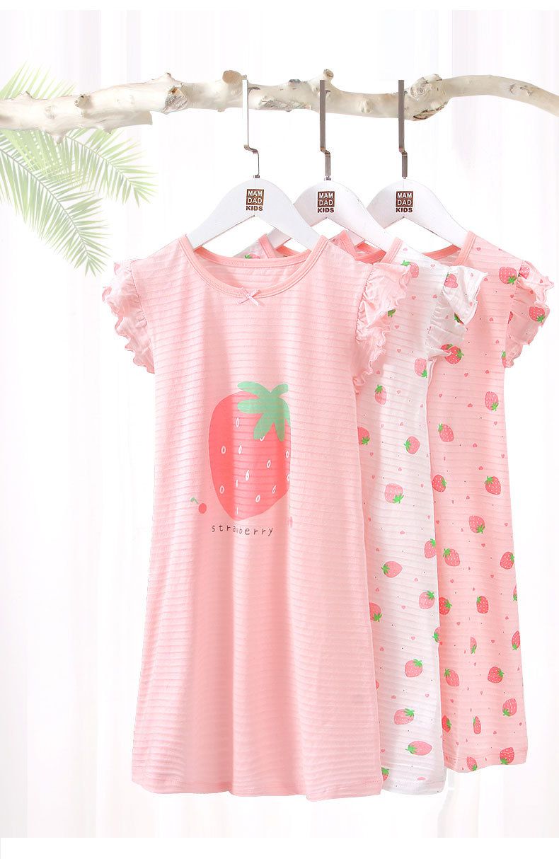 MAMDADKIDS - 竹節棉荷葉袖睡衣/睡裙-大粒草莓-粉色