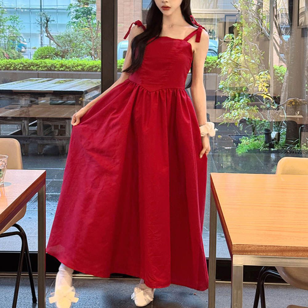 肩綁帶高腰甜美細肩帶洋裝-紅