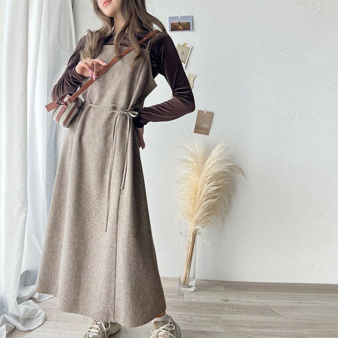 日本 Classical Elf - 秋冬感百搭花呢細肩帶傘狀洋裝-奶茶灰